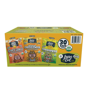 A yellow box of LesserEvil Snacks Avocado Oil Snack Box at Costco features an air-light crunch and out-of-this-world flavor. USDA Organic certified.