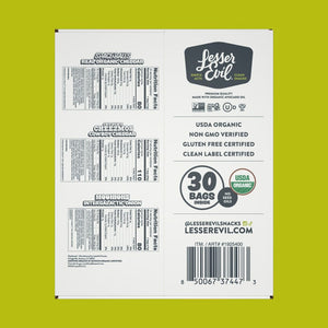Back of an Avocado Oil Snack Box by LesserEvil Snacks featuring nutrition facts for 3 flavors, USDA organic labels, air-light crunch, bold flavor—all on a green background.