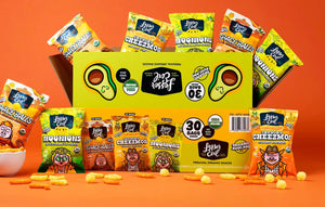A LesserEvil Snacks Avocado Oil Snack Box featuring Space Balls, Moonions, and Cheezmos is shown on an orange background with snacks and a bowl in front.
