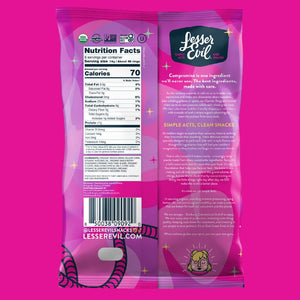 Back of a Berry Blast Cosmic Rings snack bag by LesserEvil shows nutrition facts, brand logo, kid-friendly healthy snack info, and a small cartoon character at the bottom.