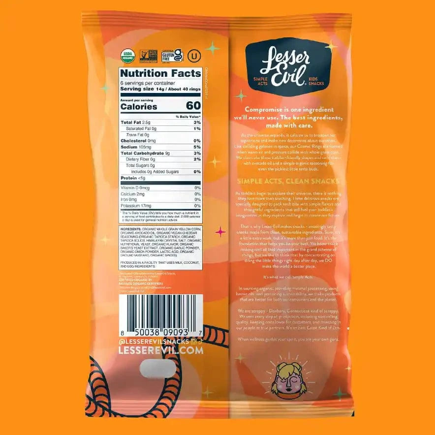 Back of a LesserEvil Cosmic Cheddar Cosmic Rings bag with nutrition info, barcode, branding on an orange background and a Cosmic Ring cartoon at the bottom.