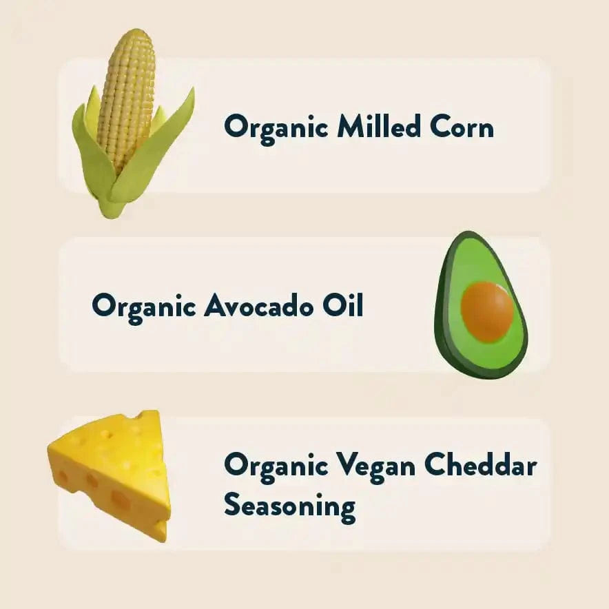 Illustration of LesserEvil Cosmic Cheddar Cosmic Rings, vegan snacks made with organic milled corn, avocado oil, and non-dairy vegan cheddar.