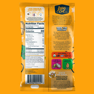 Back of a yellow LesserEvil Broccoli Cheddar Blast Lil Puffs snack pack with nutrition facts, organic cheddar, barcode, brand info, and playful graphics on an orange background.