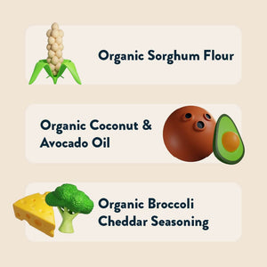 LesserEvil Broccoli Cheddar Blast Lil’ Puffs feature organic sorghum flour, organic coconut & avocado oil, plus organic broccoli cheddar seasoning.