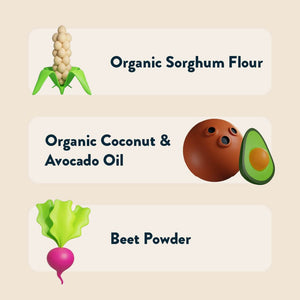 Three labels show: Clean Label Certified sorghum plant for LesserEvil Star-Berry Beet Lil Puffs organic sorghum flour, coconut and avocado for oil, and beet for beet powder.