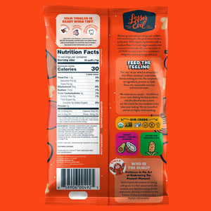 Back of a LesserEvil Sweet Potato Apple Asteroid Lil Puffs bag with nutrition facts, barcode, toddler tips, ingredient icons, and 0g added sugar on a vibrant orange background.
