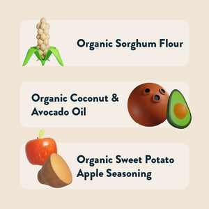 LesserEvil Sweet Potato Apple Asteroid Lil Puffs feature Organic Sorghum Flour, Coconut & Avocado Oil, and Sweet Potato Apple Seasoning for a tasty 0g-added-sugar snack.