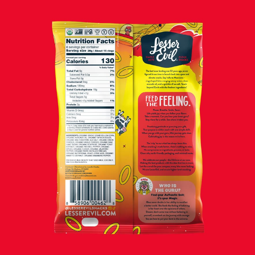 The back of a LesserEvil Hyperspace Hot Onion Moonions bag shows nutrition facts, product info, and branding on a red background.