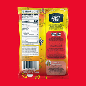 The back of a yellow LesserEvil Hyperspace Hot Onion Moonions bag shows nutrition facts, a product description, and the logo on a red background.