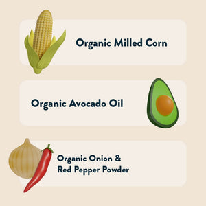 LesserEvil Hyperspace Hot Onion Moonions feature zesty spices like Organic Milled Corn, Avocado Oil, Onion & Red Pepper Powder.