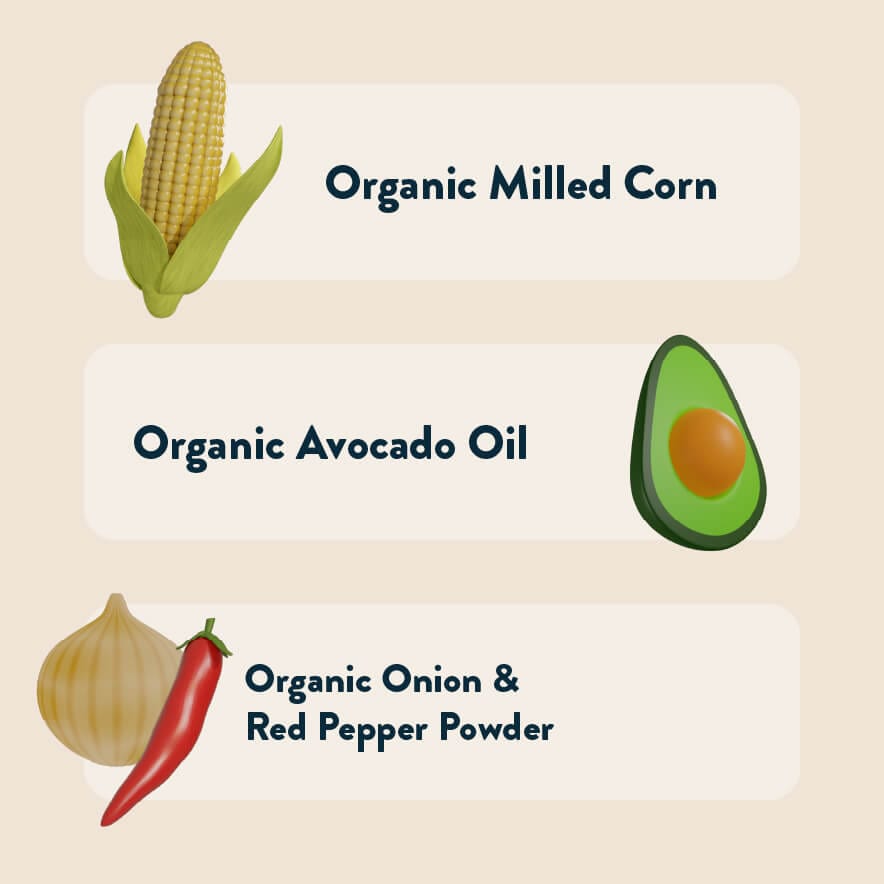 LesserEvil Hyperspace Hot Onion Moonions feature zesty spices like Organic Milled Corn, Avocado Oil, Onion & Red Pepper Powder.
