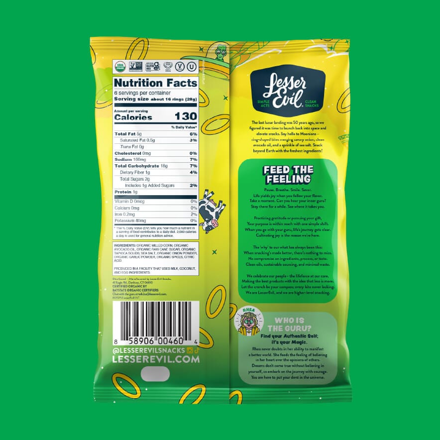 Back of a LesserEvil Intergalactic Onion Moonions bag on green, featuring nutrition facts, product story, and clean ingredients.