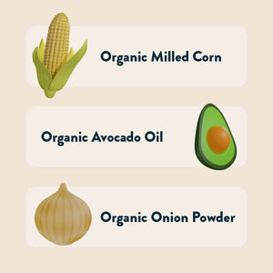 LesserEvil Intergalactic Onion Moonions showcase clean ingredients—organic milled corn, avocado oil, and onion powder—clearly labeled with illustrations.