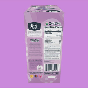 Side view of a purple Easter Sugar Cookie Popcorn Snack Box from LesserEvil Snacks showing nutrition facts, brand logo, and coconut oil icons—ideal for springtime snacking.