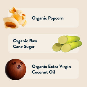 Three labeled images—popped popcorn, cane stalks, and a coconut—highlight LesserEvil Snacks' Easter Sugar Cookie Popcorn Snack Box, a perfect springtime treat.