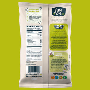 Back of a LesserEvil Avocado-licious Organic Popcorn bag on green, highlighting air-popped popcorn with avocado oil, nutrition facts, and the LesserEvil story.