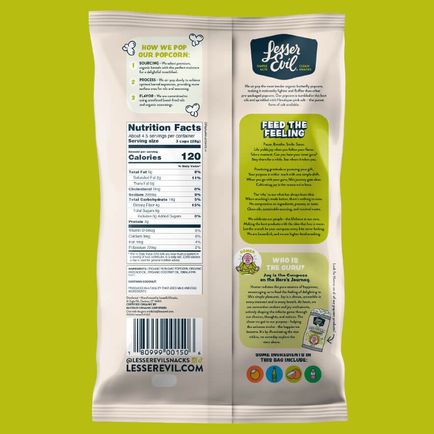 Back of a LesserEvil Avocado-licious Organic Popcorn bag on green, highlighting air-popped popcorn with avocado oil, nutrition facts, and the LesserEvil story.