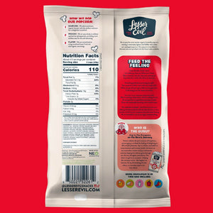 Back of a LesserEvil Fiery Hot Organic Popcorn bag on red, showing nutrition facts and info about its organic habanero and jalapeño peppers in colorful boxes.