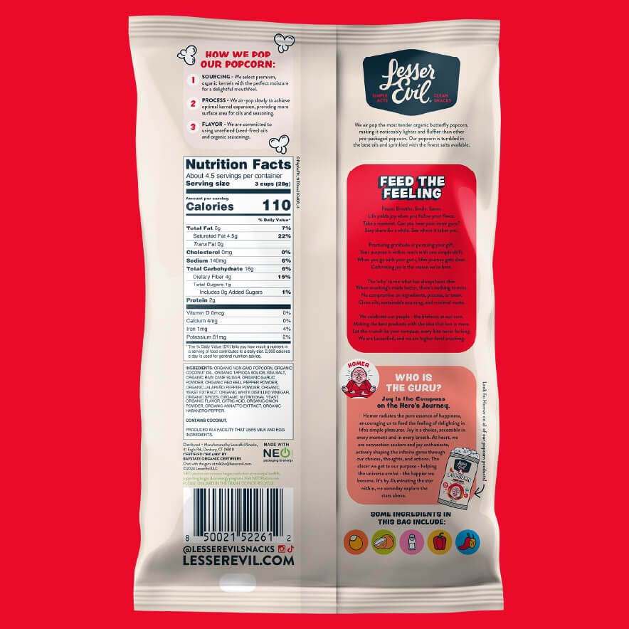 Back of a LesserEvil Fiery Hot Organic Popcorn bag on red, showing nutrition facts and info about its organic habanero and jalapeño peppers in colorful boxes.
