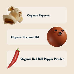 Illustrations of popcorn, coconut, and red chili pepper labeled as LesserEvil Fiery Hot Organic Popcorn with organic coconut oil and habanero.