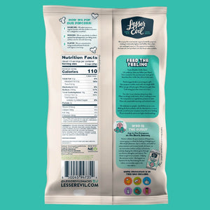 Back of a Homers Blend Organic Popcorn bag from OrganicPopcorn showing nutrition facts, company info, and flavor details on a teal background.