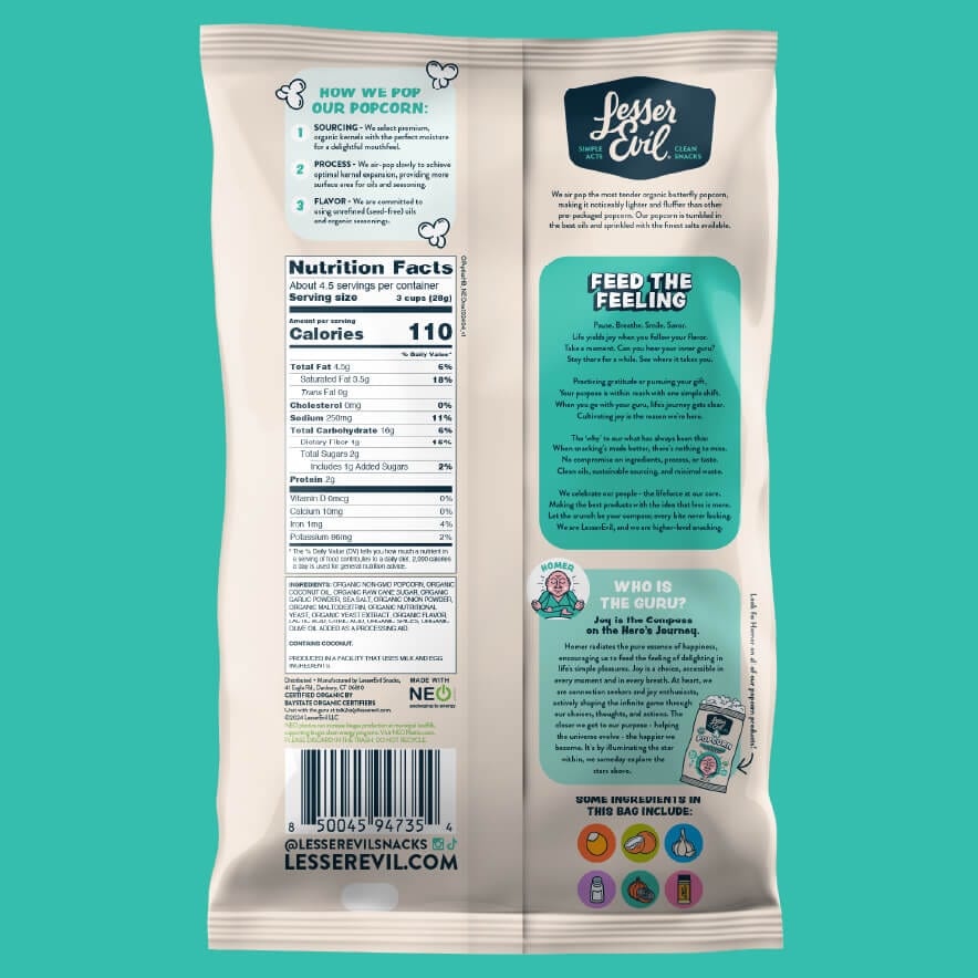 Back of a Homers Blend Organic Popcorn bag from OrganicPopcorn showing nutrition facts, company info, and flavor details on a teal background.