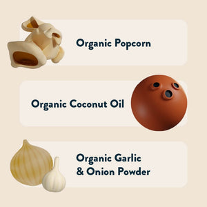 Illustrations of popcorn, coconut, and garlic with onion beside text: Homers Blend Organic Popcorn by OrganicPopcorn with organic coconut oil and organic garlic parmesan & onion powder.
