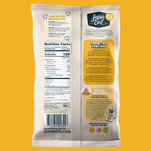 Back of a LesserEvil Himalayan Gold Organic Butter Flavor Popcorn bag showing nutrition facts, popping process, story, barcode, and contact info on a yellow background.