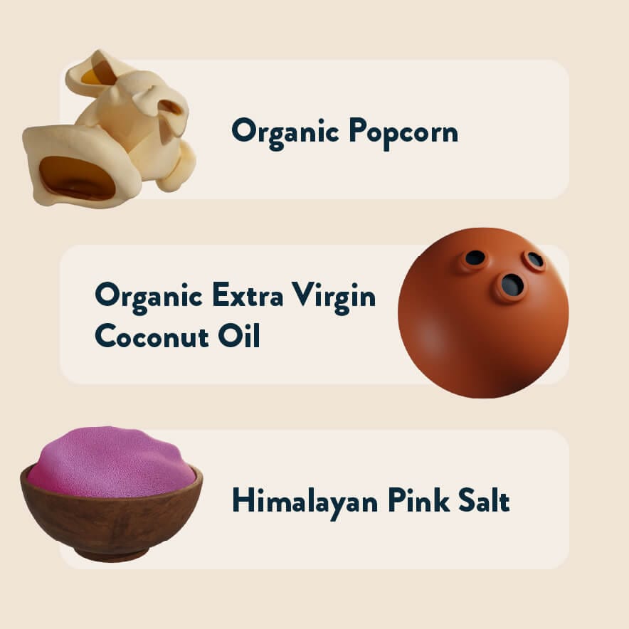 Three ingredients: LesserEvil Himalayan Gold Organic Butter Flavor Popcorn, an organic coconut oil droplet, and a bowl of pink Himalayan salt, each labeled.
