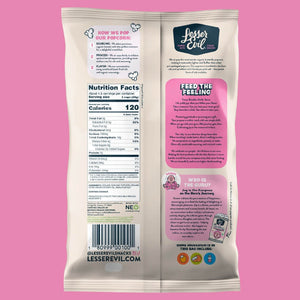 Back of an OrganicPopcorn Himalayan Pink Salt Organic Popcorn bag on pink, featuring nutrition facts, brand story, coconut oil popping process, and social media details.