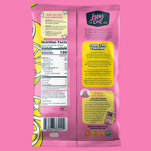Back of LesserEvil Pink Lemonade Popcorn bag with organic ingredients, nutrition facts, brand story, product info, and popcorn illustrations on the left.