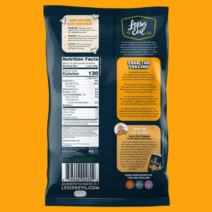 Back of an OrganicPopcorn Real Organic Cheddar Popcorn bag with nutrition facts, popping process, brand story, and icons; orange and white text pops on dark packaging.