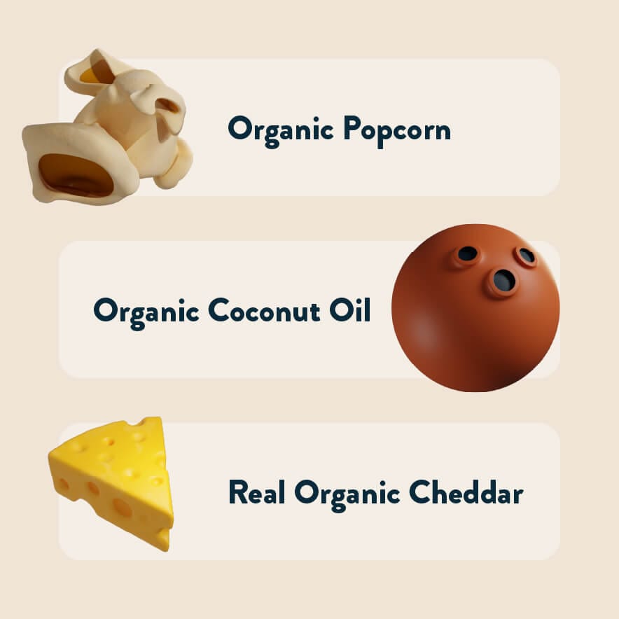 A popcorn piece, coconut, and cheese wedge with text: OrganicPopcorn Real Organic Cheddar Popcorn made with organic coconut oil and real organic cheddar flavor.