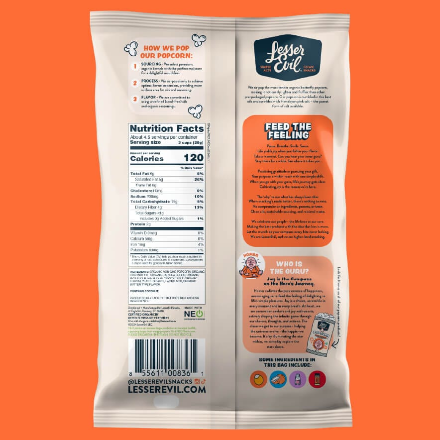 Back of an OrganicPopcorn Organic White Cheddar Flavor Popcorn bag on orange, showing non-dairy seasoning info, nutrition facts, branding, and company story.