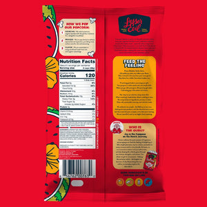 Back of a LesserEvil Watermelon Hibiscus Popcorn bag on red, showing nutrition facts, ingredients, company info, and colorful summer flavor illustrations along the edges.