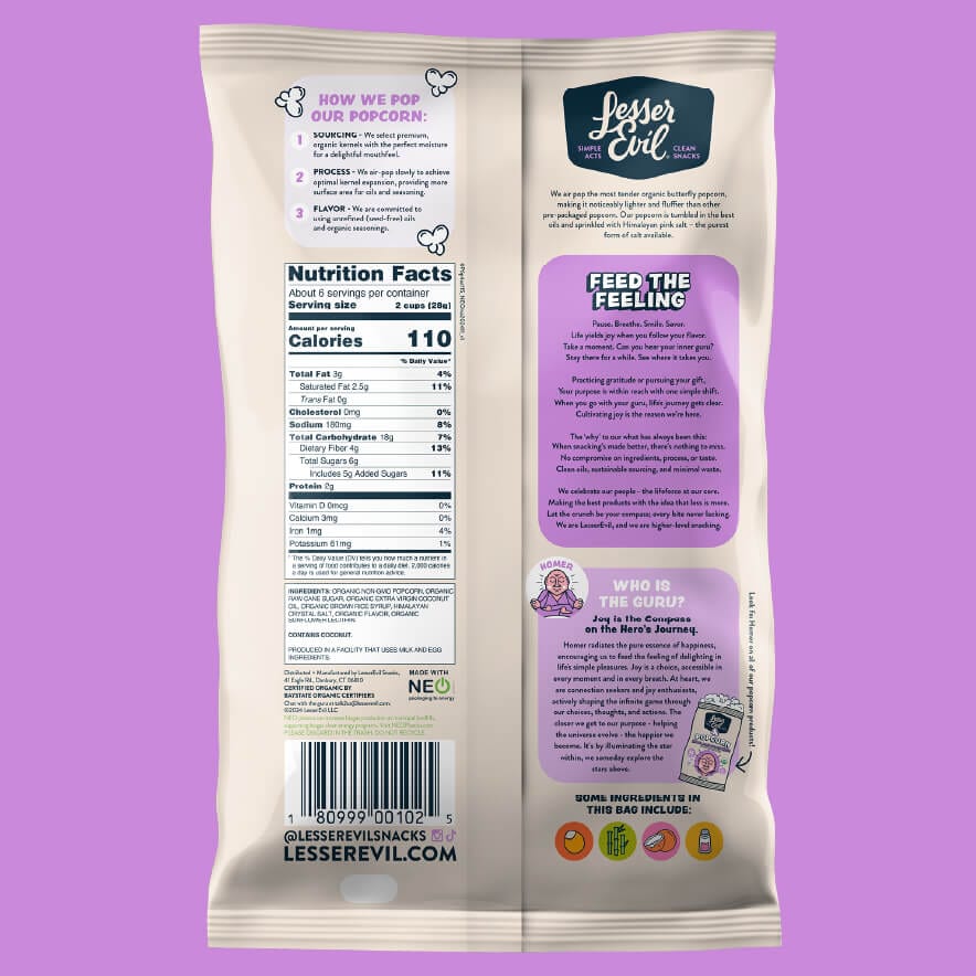 The back of an OrganicPopcorn Himalayan Sweetness Gourmet Popcorn bag shows nutrition facts, popping tips, company info, and the founder’s story on a purple background.