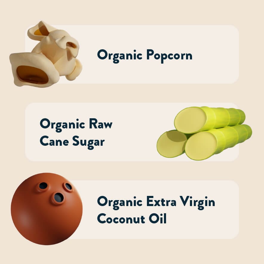 Illustration of popcorn, sugar cane, and coconut with text: Himalayan Sweetness Gourmet Popcorn by OrganicPopcorn—made with raw cane sugar, pink salt & extra virgin coconut oil.
