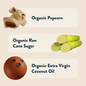 Three labeled images: popped popcorn for LesserEvil Sweet + Salty Popcorn, sugarcane for organic cane sugar, and a coconut for organic extra virgin coconut oil—a perfect holiday snack.