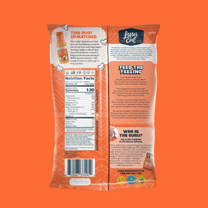 The back of a LesserEvil Snacks Primal Kitchen Buffalo Popcorn bag shows brand info, nutrition facts, cartoon art, and clean ingredients details on an orange background.