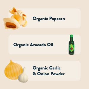 Illustrations of Buffalo Popcorn, avocado oil, onion, and garlic with text: Primal Kitchen Buffalo Popcorn by LesserEvil Snacks—organic avocado oil, clean organic garlic & onion powder.