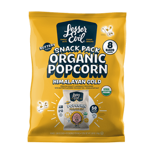 LesserEvil Himalayan Gold Organic Butter Flavor Popcorn Snack Pack—8 yellow bags, 50 calories each, made with organic coconut oil and plant-based butter alternative.