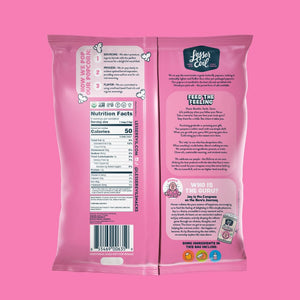Back of OrganicPopcorn Himalayan Pink Salt Popcorn Snack Pack shows nutrition facts, company info, story, clouds and mascot art; tasty snack-size popcorn; barcode at bottom.