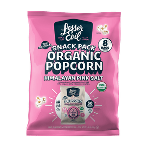 OrganicPopcorn’s Himalayan Pink Salt Popcorn Snack Pack offers tasty popcorn in pink, illustrated snack-sized bags with product details on the packaging.