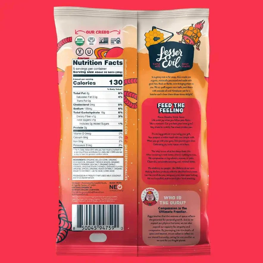 Back of a bag of SpaceBalls Outer Planet Pizza Space Balls featuring nutrition facts, brand logo, and dairy-free cheese images on a bright pink background.