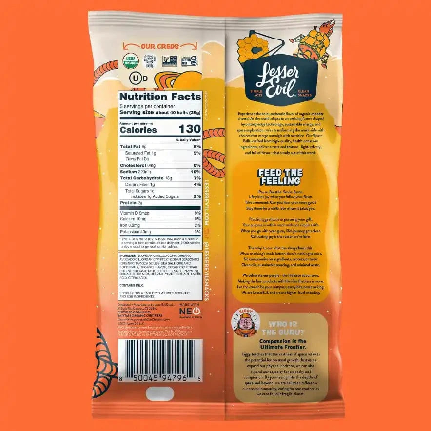 Back of a SpaceBalls Real Organic Cheddar Space Balls bag with nutrition facts, product info, and fun graphics—ideal for fans of organic savory cheese snacks.