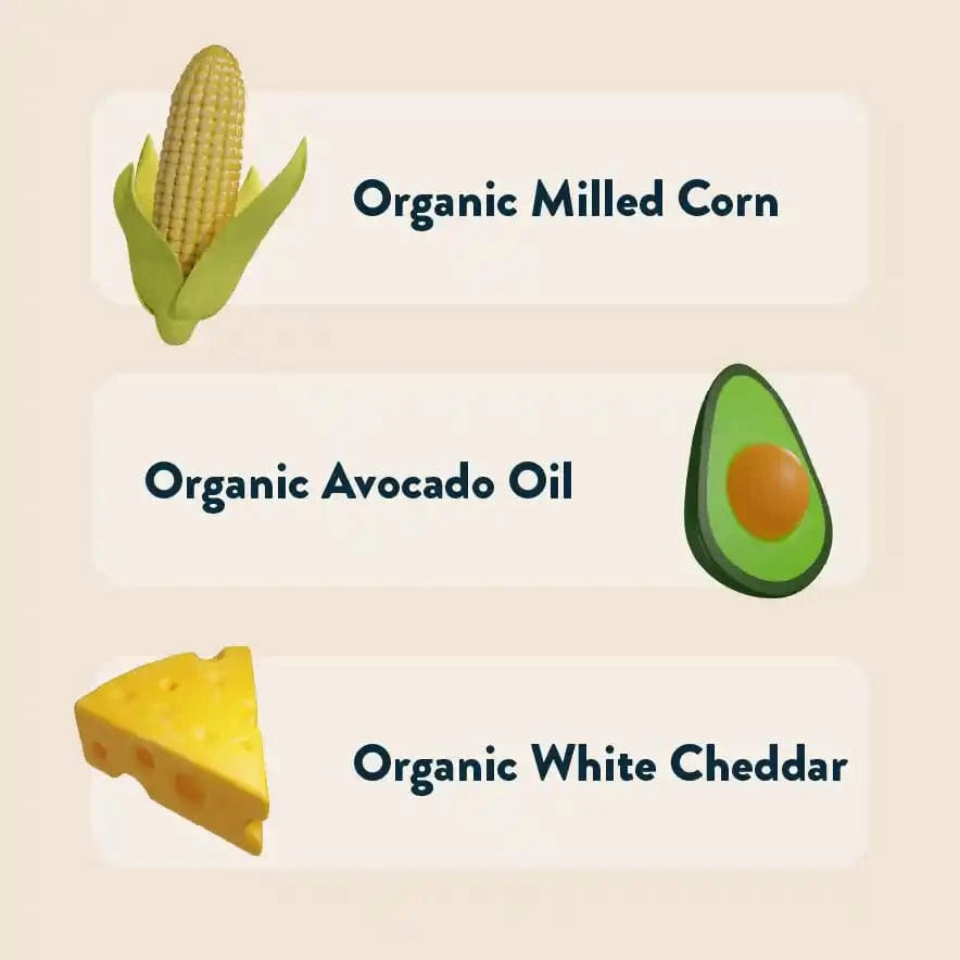 Illustrations of corn, avocado, and cheese highlight SpaceBalls Real Organic Cheddar Space Balls—made with organic milled corn, avocado oil, and cheddar for a delicious crunch!.