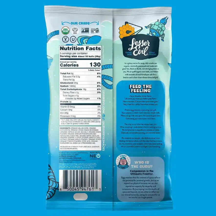 Back of a blue SpaceBalls Rocket Ship Ranch Space Balls bag with nutrition facts, branding, and playful cosmic illustrations on a bright blue background.