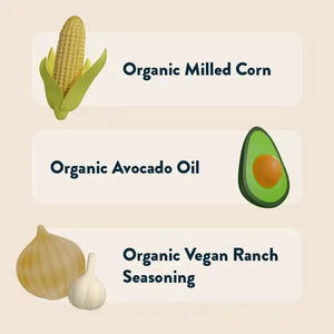 Illustrations of corn, avocado, and onion with garlic next to: SpaceBalls Rocket Ship Ranch Space Balls—pure cosmic deliciousness.