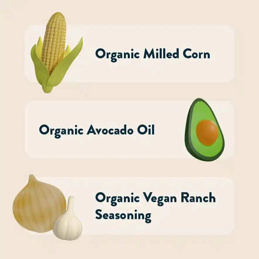 Illustrations of corn, avocado, and onion with garlic next to: SpaceBalls Rocket Ship Ranch Space Balls—pure cosmic deliciousness.