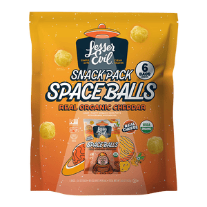 SpaceBalls Real Organic Cheddar Space Balls Snack Pack includes 6 USDA organic bags, each with cheddar cheese balls and bag images on the orange packaging.